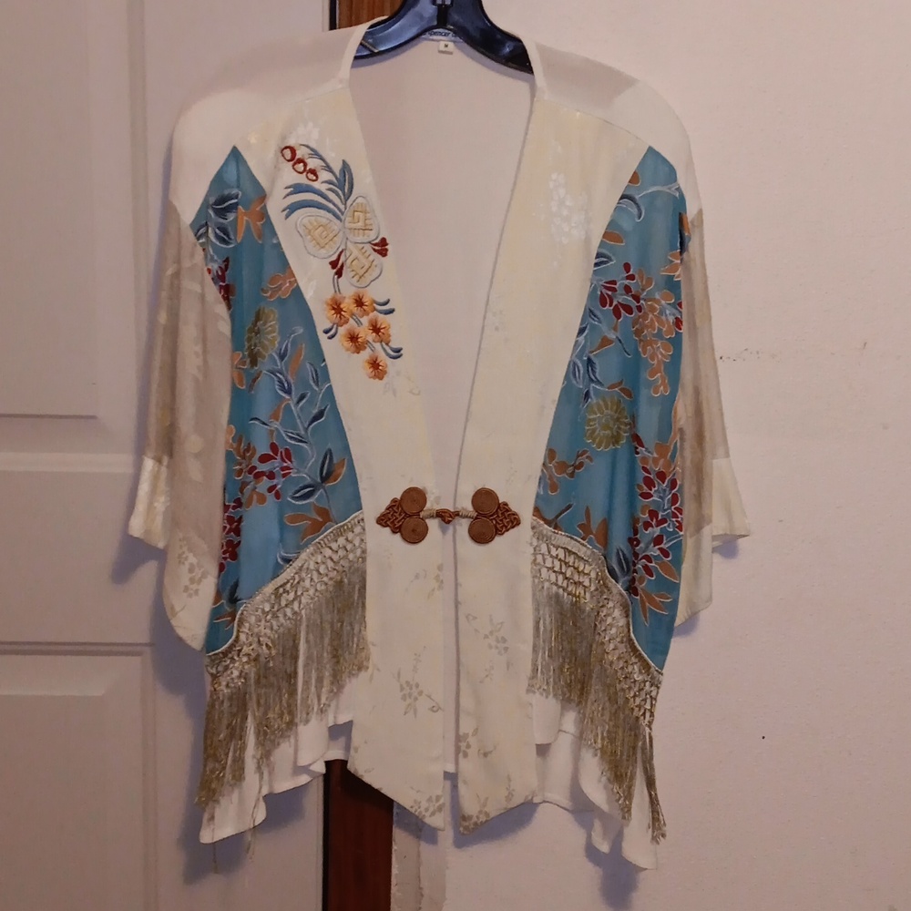 Embroidered Fringe Kimono Jacket - Cream and Teal